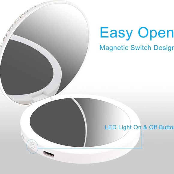 Luxurious Rhinestone LED Lighted Compact Mirror,Bling Portable Travel Makeup Mir - Picture 2 of 6